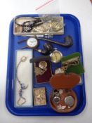 A tray of costume jewellery, lady's compact in the form of a camera,