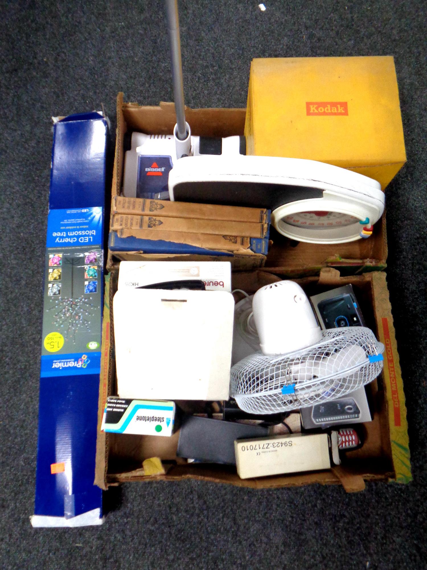 Two boxes of miscellany to include Kodak projector, bathroom scales, lamps, lantern, cameras etc.