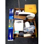 Two boxes of miscellany to include Kodak projector, bathroom scales, lamps, lantern, cameras etc.