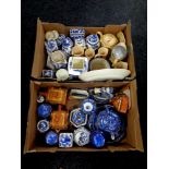 Two boxes containing assorted ceramics to include Sylvac caddies, Ringtons caddies and teapots,