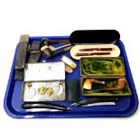 A tray containing two cut throat razors, pipes, cased pen set, cheroot, pocket knives,