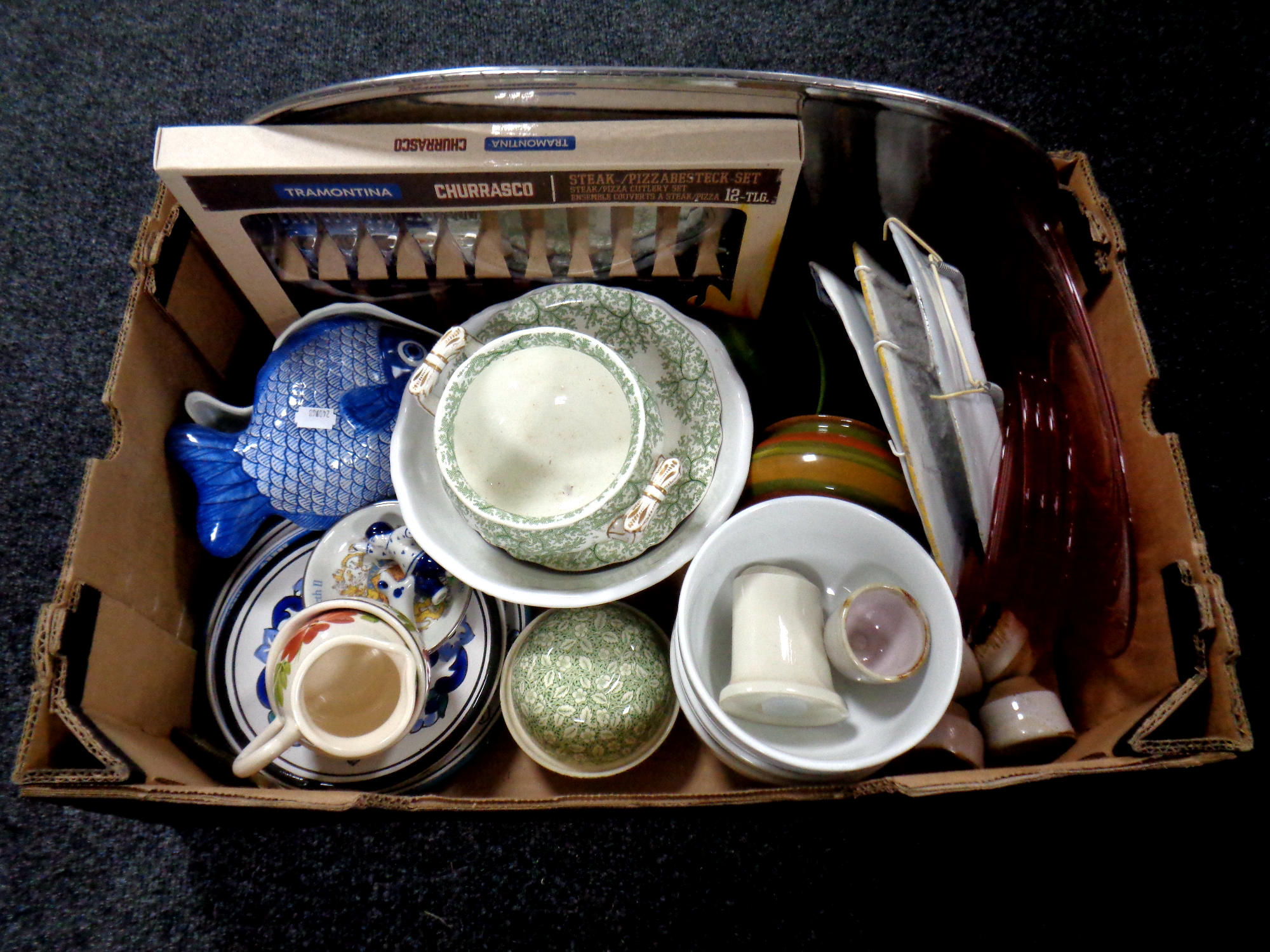 A box of miscellany to include antique ceramics, glass plates,