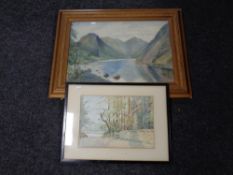 An early 20th century watercolour, river through a mountainous landscape, in a gilt frame,