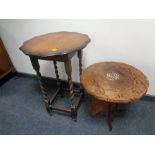 An Edwardian oak barley twist occasional table together with a carved eastern wine table