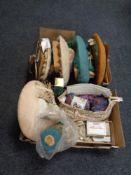 Two boxes containing a large quantity of lace making equipment, wool, haberdashery items.