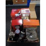 Two boxes containing miscellaneous electricals and kitchen wares to include halogen heaters,