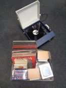 A mid 20th century Fidelity table top record player together with a box containing vinyl LP's,