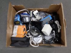 A box of a large quantity of assorted cables, wires, adapters, dynamo, label printer etc.