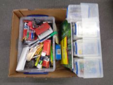 A box of sixteen drawer plastic box, chest containing a large quantity of stationary items, pens,