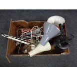 A box containing mid 20th century lighting to include assorted angle poise lamps, table lamp.