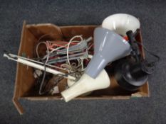 A box containing mid 20th century lighting to include assorted angle poise lamps, table lamp.