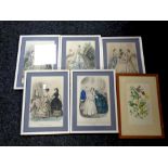 A box containing a set of five French prints depicting modes of dress, framed,