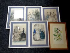 A box containing a set of five French prints depicting modes of dress, framed,