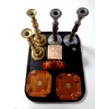 A tray of mid 20th century Bakelite cruet set, antique brass candlesticks, cigarette box,