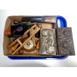 A tray of miscellany to include hand tools, wooden monkey toy, pair of yellow metal rimmed glasses,