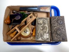 A tray of miscellany to include hand tools, wooden monkey toy, pair of yellow metal rimmed glasses,