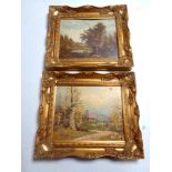 Two oils on board depicting rural homesteads, in ornate gilt frames.