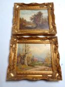 Two oils on board depicting rural homesteads, in ornate gilt frames.