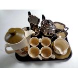 A tray of five piece Crown Devon Fieldings silver pottery tea service,