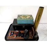 A tray containing antique metal box, vintage tin, trench art shell, carved book slide,