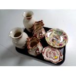A tray of five pieces of Mason Mandalay Red china to include pair of vases,