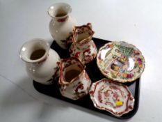 A tray of five pieces of Mason Mandalay Red china to include pair of vases,