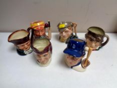 Six small Royal Doulton character jugs to include W G Grace, The Baseball Player, Old Charlie,