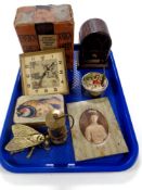 A tray of miniature brass miner's lamp, mid century mantle clock, boxed Ennis camera,