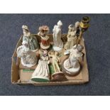 A box of assorted contemporary figurines, together with a figural table lamp.