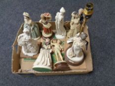 A box of assorted contemporary figurines, together with a figural table lamp.