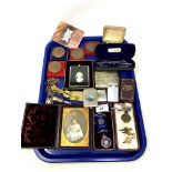 A tray containing Victorian daguerreotype, silver Order of Buffaloes medal, watch keys,