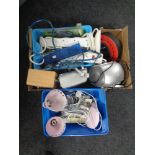Two boxes of CD radio cassette player, DAB radios, extension leads, table lamps etc.