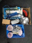 Two boxes of CD radio cassette player, DAB radios, extension leads, table lamps etc.