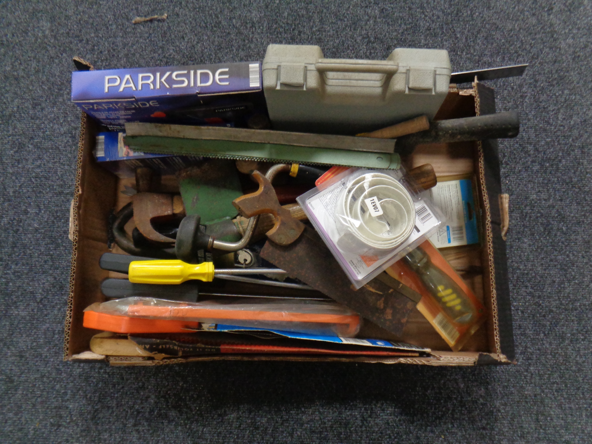 A box of assorted vintage and later hand tools, Parkside glue gun etc.