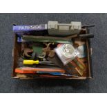 A box of assorted vintage and later hand tools, Parkside glue gun etc.