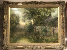 John Falconer Slater (1857-1937), Cottage in a wooded landscape, oil on board, signed, 44cm by 60cm.