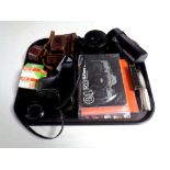 A tray of Gallus and Olympus cameras in leather cases together with assorted accessories and lenses.