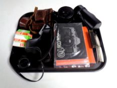 A tray of Gallus and Olympus cameras in leather cases together with assorted accessories and lenses.