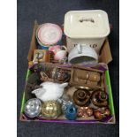 Two boxes of china shire horse with cart, enamel bread bin, chamber pots, flagons,