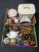 Two boxes of china shire horse with cart, enamel bread bin, chamber pots, flagons,