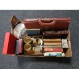 A box of miscellany to include antique and later books include Household Physician, pottery goblets,