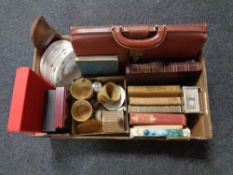 A box of miscellany to include antique and later books include Household Physician, pottery goblets,