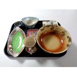 A tray of assorted ceramics to include Maling tankard, dishes and candlestick, Royal Doulton bowl,