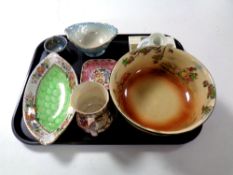 A tray of assorted ceramics to include Maling tankard, dishes and candlestick, Royal Doulton bowl,