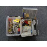 A box of a quantity of hand tools, hardware, plastic storage boxes, LED torch etc.