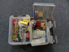 A box of a quantity of hand tools, hardware, plastic storage boxes, LED torch etc.