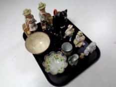 A tray of antique ceramics, dolly tops, Sunderland lustre bowl, figures,