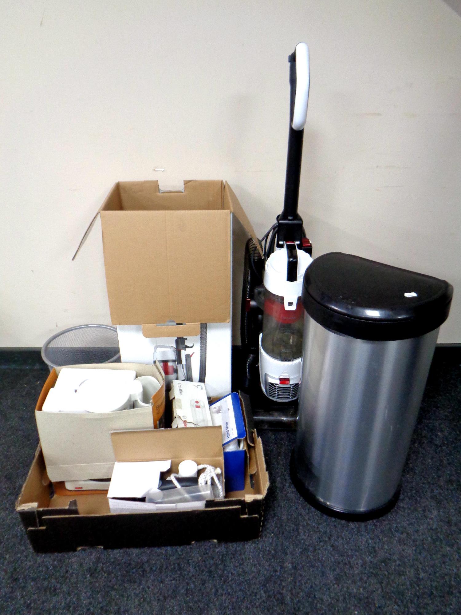 A John Lewis vacuum, together with a box containing Iron, Bosch hand mixer,