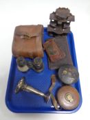 A tray of leather cased tape measure, pair of antique field glasses in case, leather wallets,