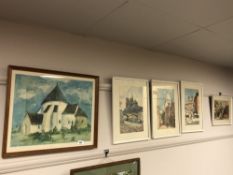 Five colour prints depicting buildings in a town (5)